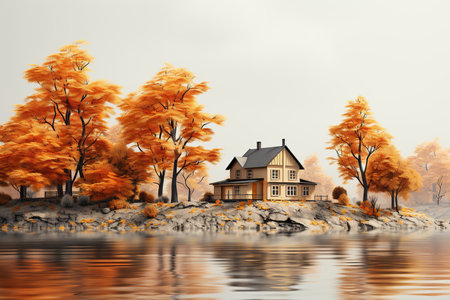 Autumn landscape with old house on the lake. 3d renderの素材