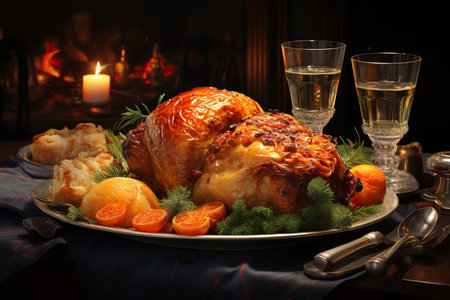Baked turkey with oranges and two glasses of champagne on a dark backgroundの素材