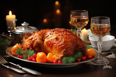 Christmas roast turkey with tangerines and wine on a wooden tableの素材