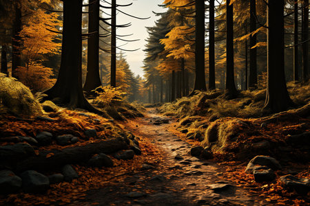 Autumn forest landscape with a path leading to the top of the mountainの素材