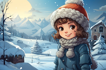 Cartoon winter scene with happy girl in the forest illustration for childrenの素材