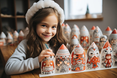 Cute little girl decorating Easter eggs in the kitchen at homeの素材