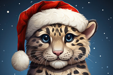 Cheerful leopard in santa hat. Vector illustration.の素材