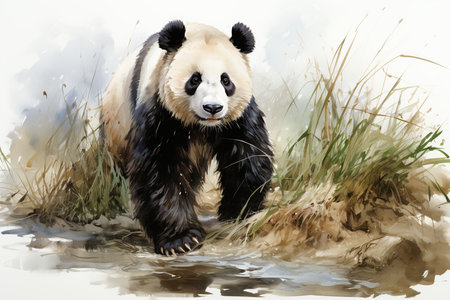 Digital painting of a giant panda standing in a puddle.の素材