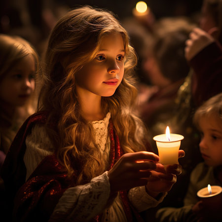 Candlelight in hands of little girl. Christmas nativity scene.の素材