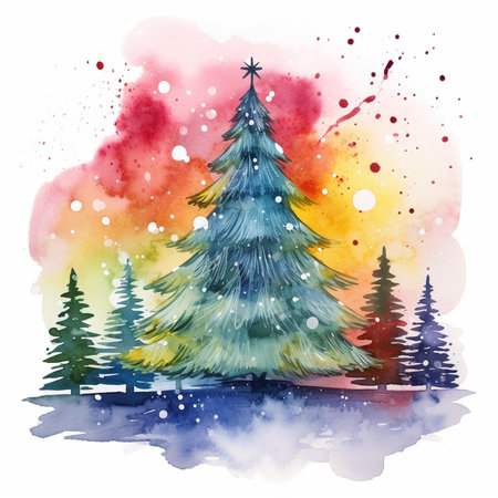 Watercolor winter landscape with Christmas tree. Hand-drawn illustration.の素材