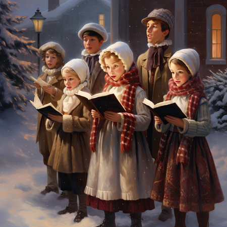 Group of children reading a book in front of the christmas churchの素材