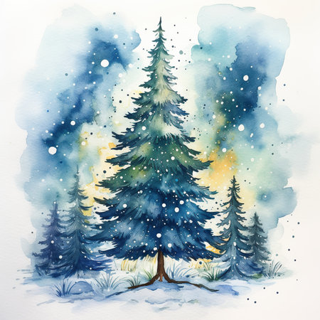 Watercolor winter landscape with fir trees and snowflakes. Hand drawn illustrationの素材