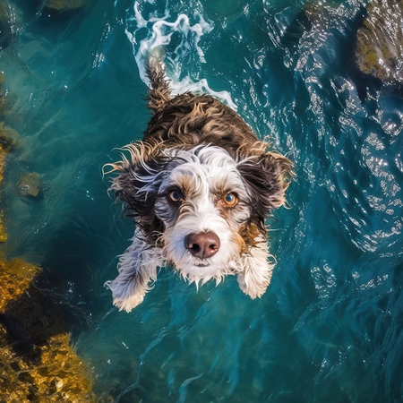 Portrait of a dog jumping into the sea, top view.の素材