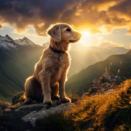 Golden Retriever sitting on the top of a mountain at sunsetの素材