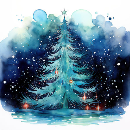Watercolor Christmas tree in the night sky. Hand drawn illustration.の素材