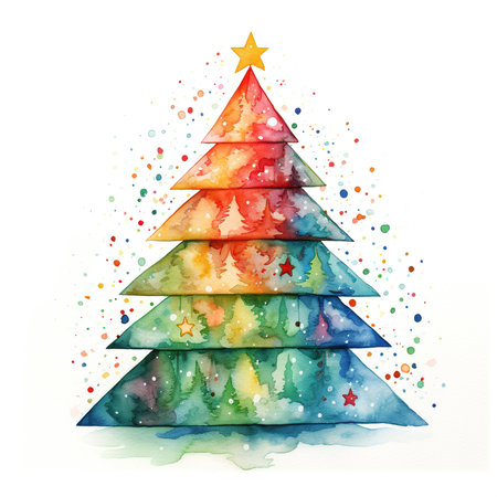 Watercolor christmas tree. Hand drawn illustration on white background.の素材