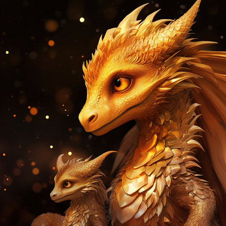 3D rendering of a fantasy dragon with a golden head on a dark backgroundの素材
