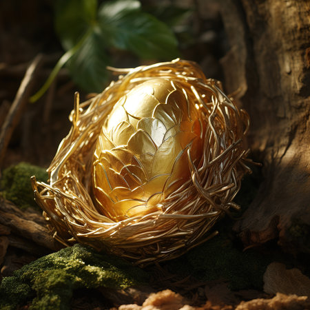 Golden egg in a nest on a wooden background. Happy Easter.の素材