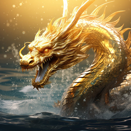 Dragon in the sea. 3D illustration. Golden dragon in the water.の素材