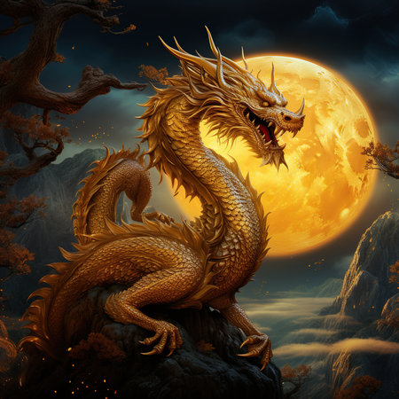 Dragon on the background of the full moon. 3D illustration.の素材