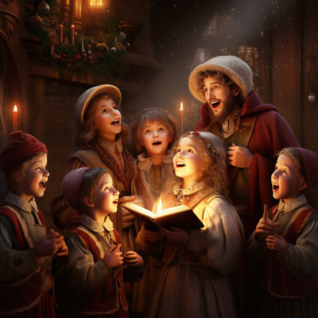 Christmas nativity scene with children reading a magic book. 3d renderingの素材
