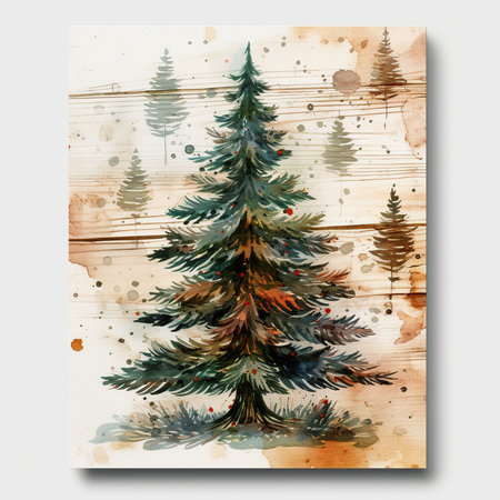 Christmas tree on wooden background. Watercolor painting. Christmas card.の素材