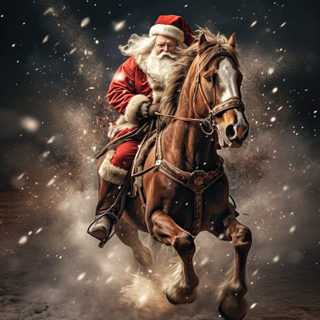 Santa Claus rides a horse on a dark background. Christmas concept.の素材