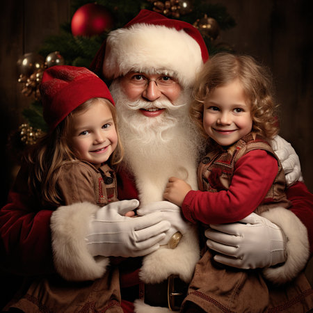 Santa Claus with children at home near Christmas tree. Christmas and New Year concept.の素材