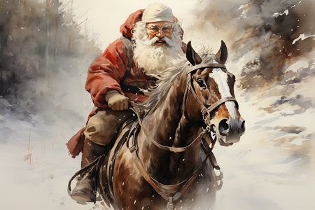Digital painting of Santa Claus riding a horse in the snowfall.の素材