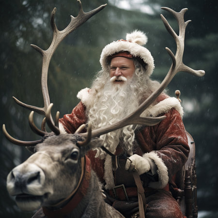 Santa Claus riding a reindeer in the forest. Christmas.の素材