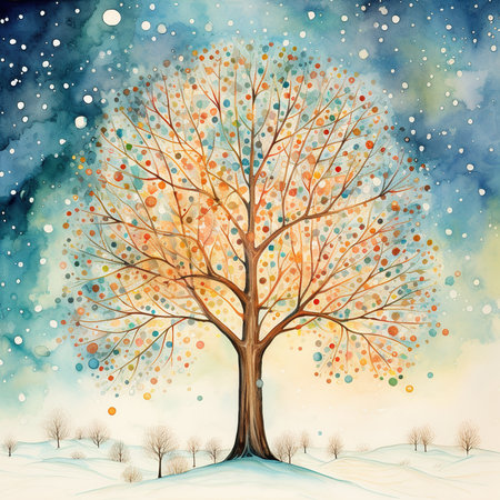 Winter tree with falling snow. Watercolor painting. Vector illustration.の素材