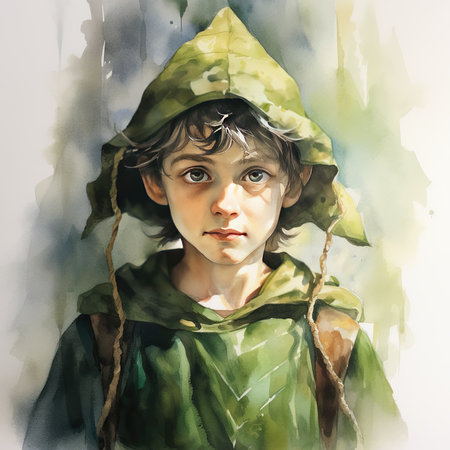 Digital painting of a boy in a green raincoat with a hoodの素材