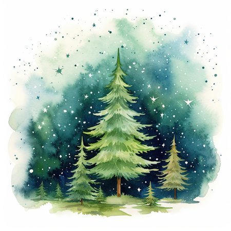 Watercolor winter landscape with fir trees and starry sky. Hand drawn illustrationの素材