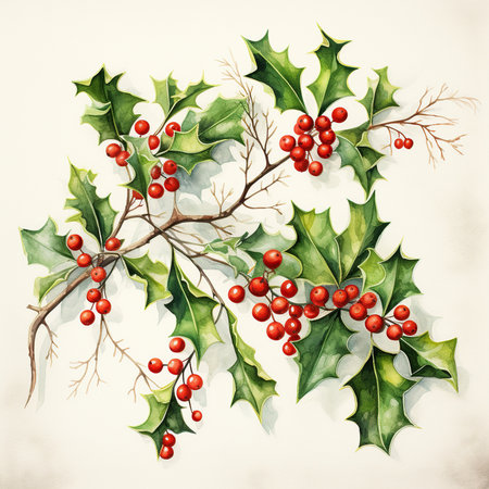 Christmas holly branch with berries and leaves. Watercolor illustration.の素材