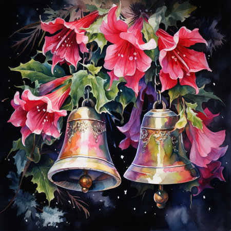 Watercolor bouquet of flowers with bells on a dark background.の素材