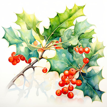 Christmas holly branch with berries and leaves. Watercolor illustration.の素材