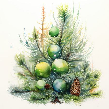 Watercolor illustration of Christmas tree branch with green balls and pine conesの素材