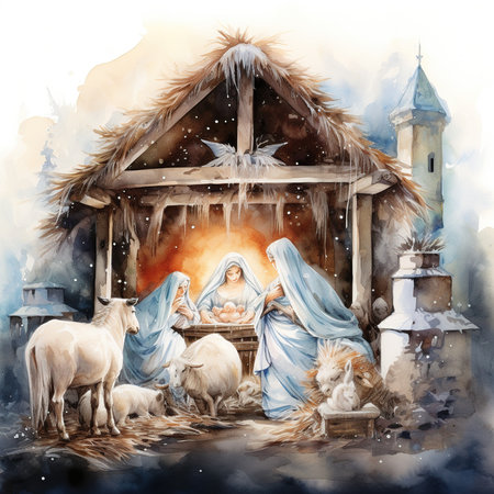 Christmas nativity scene with jesus, baby Jesusand Joseph. Digital watercolor paintingの素材