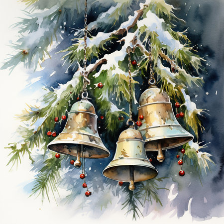 Watercolor illustration of Christmas bells hanging from a tree branch in winter.の素材