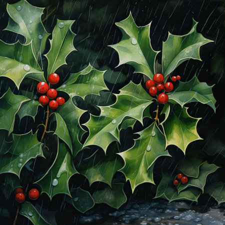 Holly leaves with red berries in the rain. Digital painting.の素材