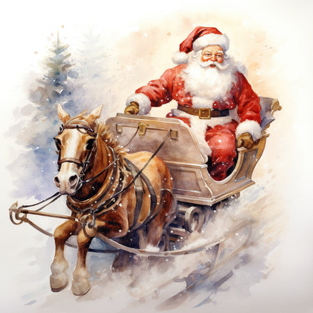 Digital watercolor painting of Santa Claus in a sleigh with a horse.の素材