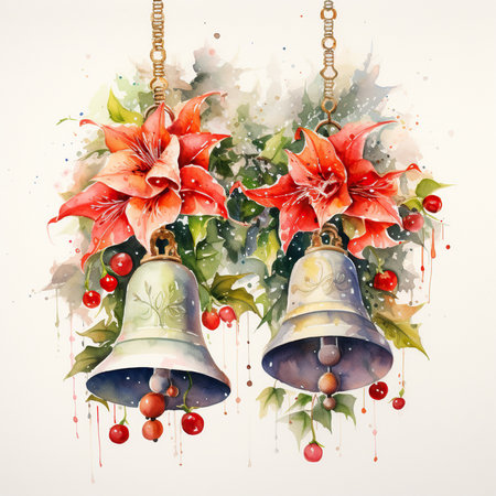 Watercolor Christmas and New Year background with flowers and bells. Vector illustration.の素材