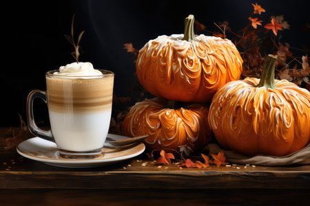 Coffee cup with whipped cream and pumpkins on dark backgroundの素材