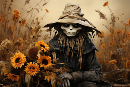 Scary Halloween witch sitting in the field with sunflowers.の素材