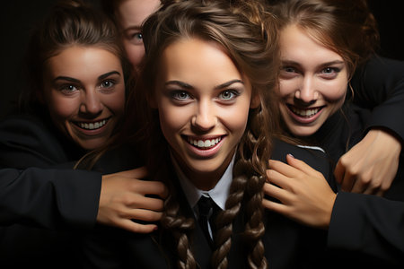 Portrait of beautiful young women with braids in suits on dark backgroundの素材