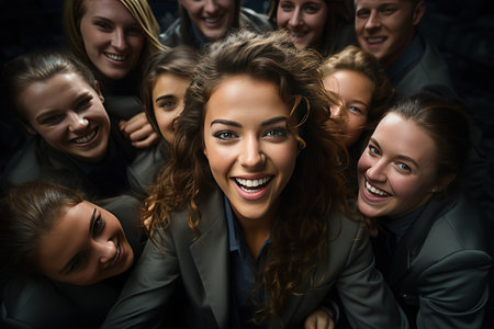 Group of happy young business people in formalwear looking at camera and smilingの素材