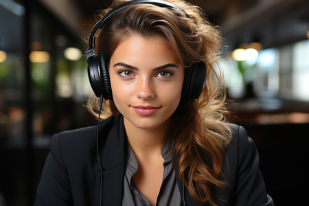 Portrait of beautiful young woman with headphones listening to music in cafeの素材