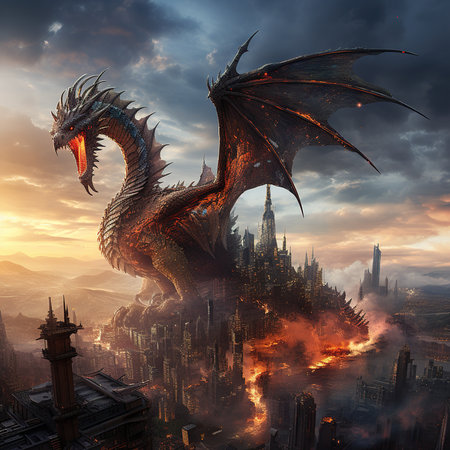 3D illustration of a dragon in a fire with a city in the backgroundの素材