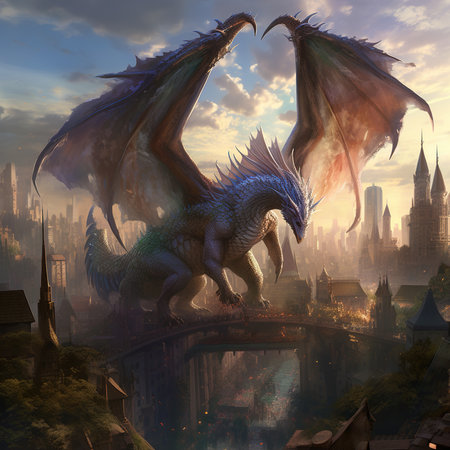 Fantasy landscape with a dragon and a city in the background.の素材