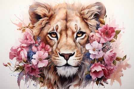 Portrait of a lion with a bouquet of flowers on a white backgroundの素材