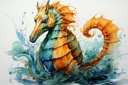 Illustration of a seahorse on a watercolor background.の素材