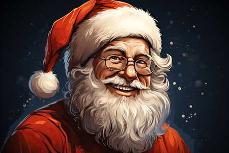 Portrait of Santa Claus in glasses and red suit on dark backgroundの素材