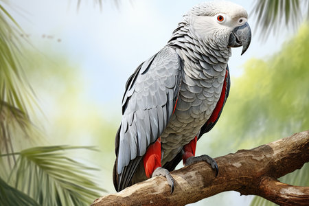 Portrait of a grey parrot on a branch in the parkの素材
