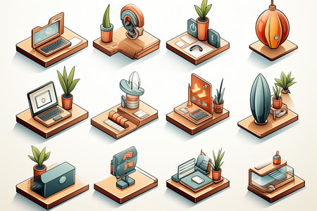 Isometric 3d vector illustration of a set of office objects.の素材
